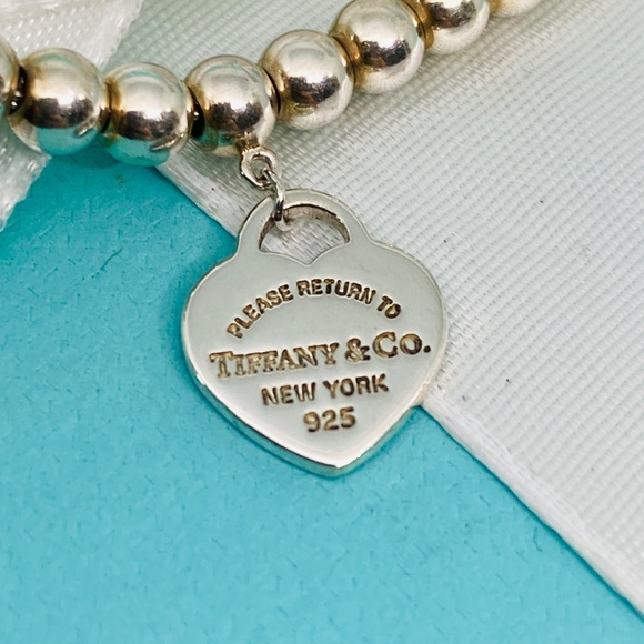 Tiffany Co. Silver 925 Blue Enamel Mini Heart Tag Charm 4mm Bead Ball Bracelet - Picture 5 of 9